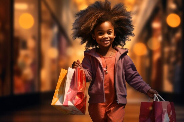 Photo a african american girl with a bag in her hands returns home with shopping