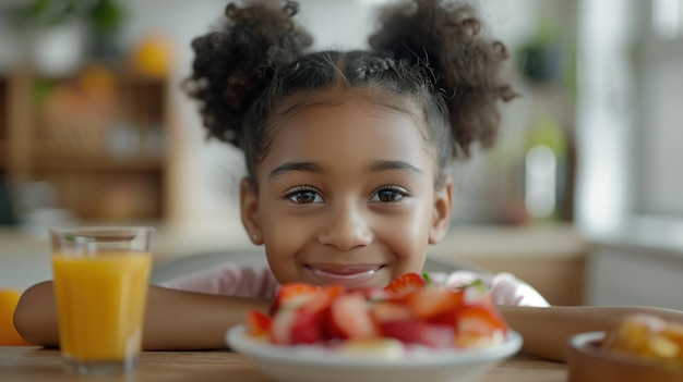 Photo african american girl with a bright smile sitting in front of a colorful fruit plate and orange