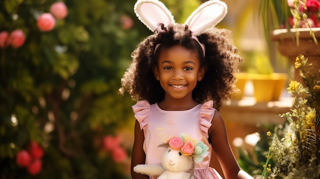 African American girl with curly hair and bunny ears smile Easter concept