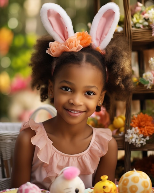 African American girl with curly hair and bunny ears smile Easter concept