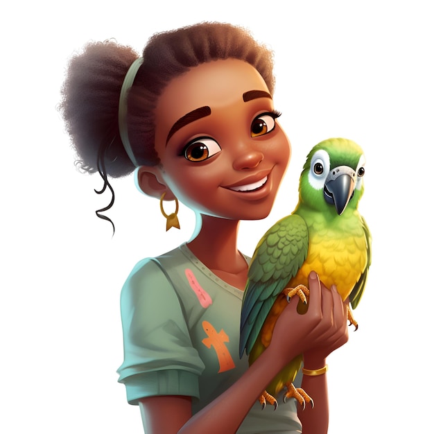 Фото Афроамериканская девушка с зеленым попугаем на белом фоне