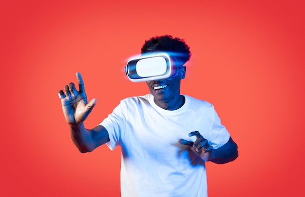 African american guy user checking newest VR glasses