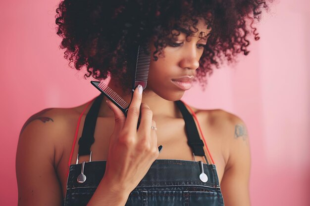 Photo african american hairdresser woman holding a comb and scissors in her hands