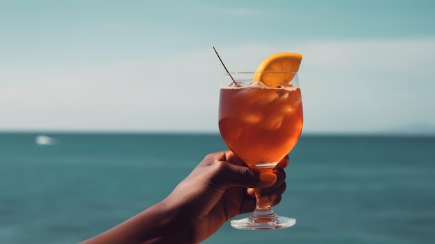 African american hand holding glass of cocktail on blurry sea horizon background at sunny day neural network generated image