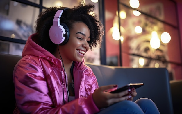 Foto donna felice afroamericana in cuffie senza fili che tengono un telefono