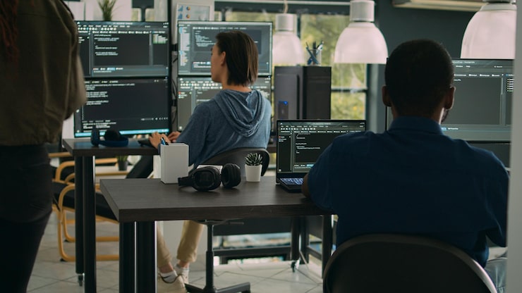 Photo african american it engineer writing code on laptop and computer, analyzing html script on terminal window. database admin developing algorithms for artificial intelligence cloud computing.