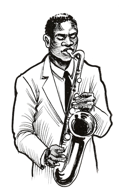 African American jazz musician playing saxophone. Ink black and white drawing