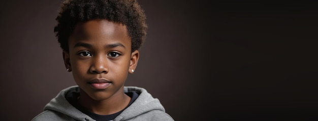 An African American Juvenile Boy Isolated On A Dark Brown Background With Copy Space