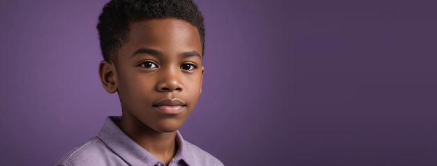 An African American Juvenile Boy Isolated On A Purple Background With Copy Space