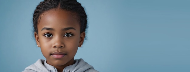 An African American Juvenile Girl Isolated On A Light Blue Background With Copy Space