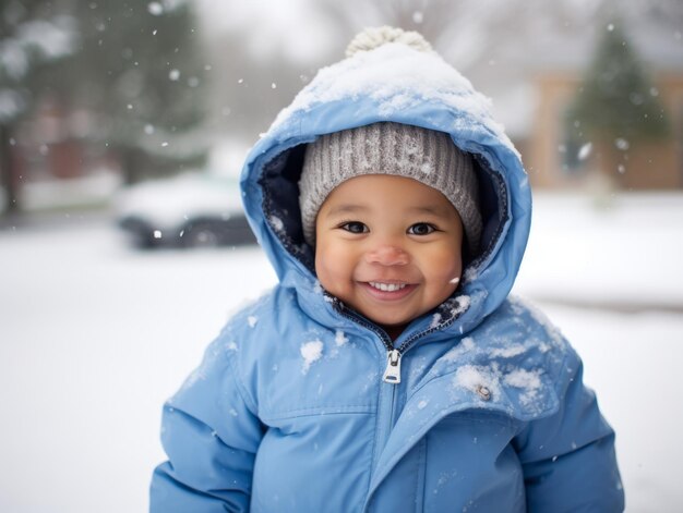 アフリカ系アメリカ人の子供が冬の雪の日を遊び心のある感情的なダイナミックなポーズで楽しんでいます