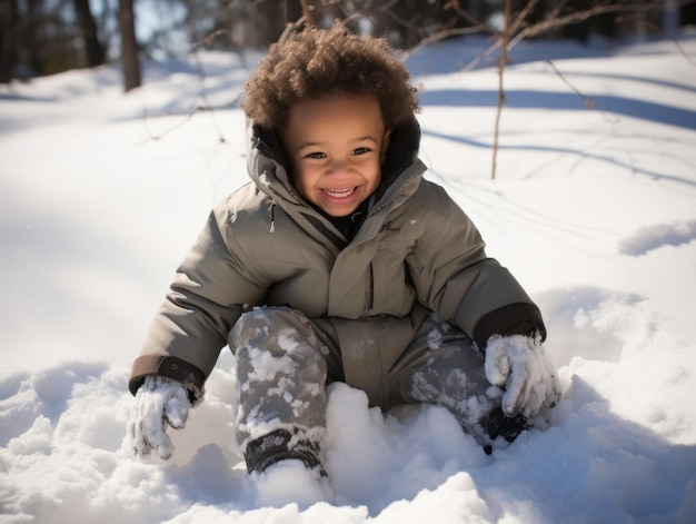 アフリカ系アメリカ人の子供が冬の雪の日を遊び心のある感情的なダイナミックなポーズで楽しんでいます