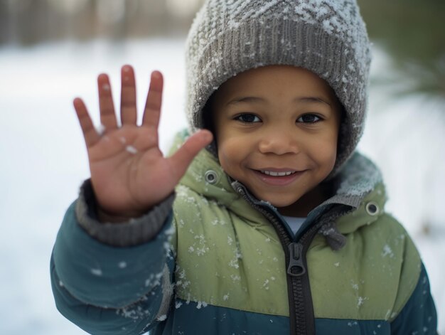 アフリカ系アメリカ人の子供が冬の雪の日を遊び心のある感情的なダイナミックなポーズで楽しんでいます