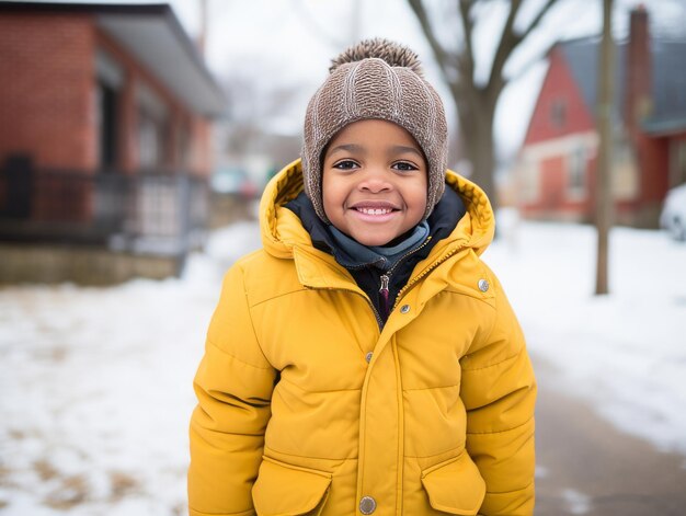 아프리카계 미국인 아이는 놀이적인 감정적 역동적인 자세로 겨울의 눈이 내리는 날을 즐긴다.