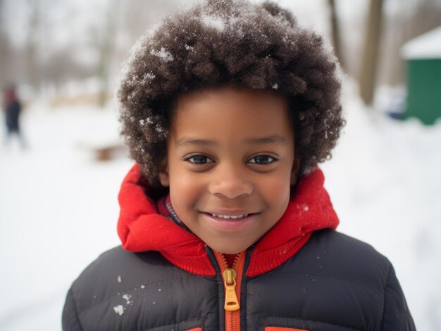 アフリカ系アメリカ人の子供が冬の雪の日を遊び心のある感情的なダイナミックなポーズで楽しんでいます