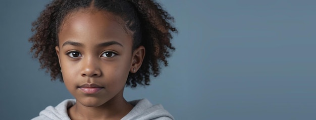 An African American Kin Girl Isolated On A GreyBlue Background With Copy Space