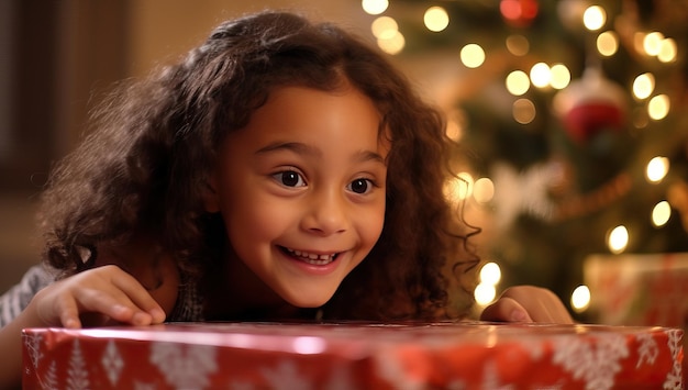 African american little girl opening christmas gift box