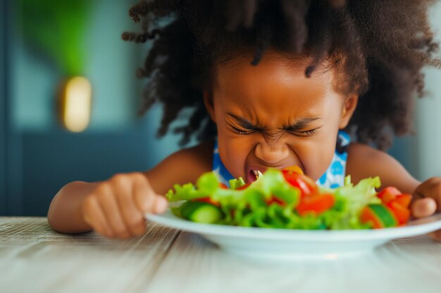 African American little girl refuses to eat healthy salad displeased