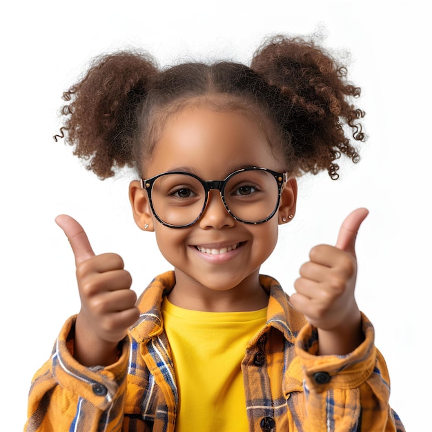 African american little girl wearing glasses giving thumbs up over white background