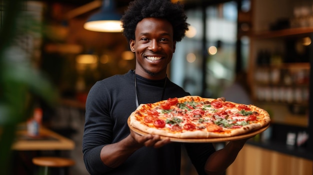 An African American male chef holds a finished pizza from the oven