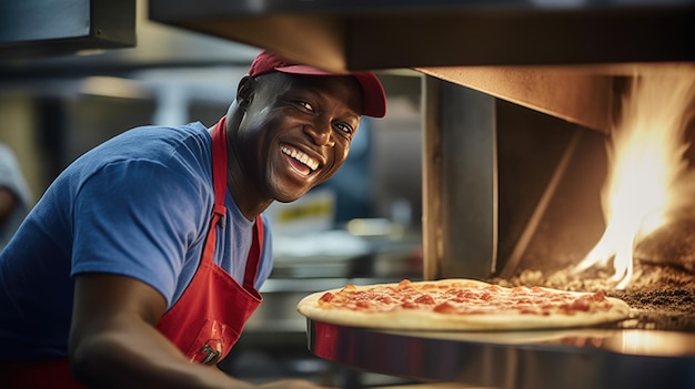 An African American male chef holds a finished pizza from the oven