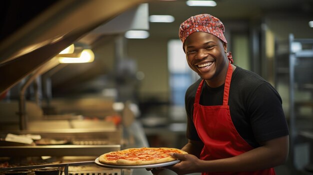 An African American male chef holds a finished pizza from the oven