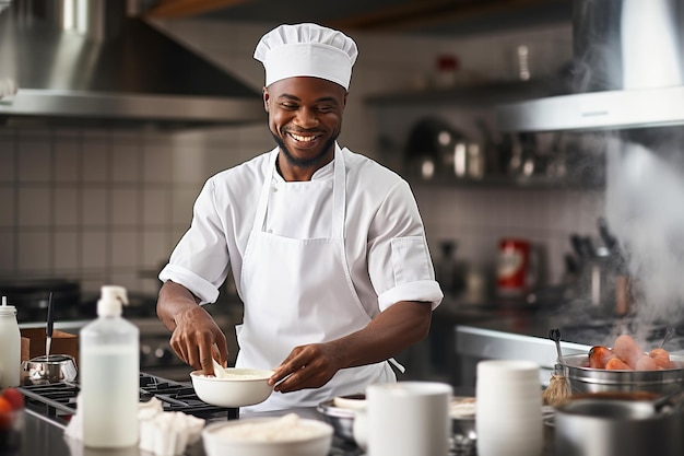 アフリカ系アメリカ人の男性シェフがプロのキッチンで料理を準備しています