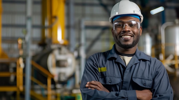 Foto ingegnere maschio afroamericano in uniforme sorridente e in piedi braccio incrociato in una fabbrica industriale