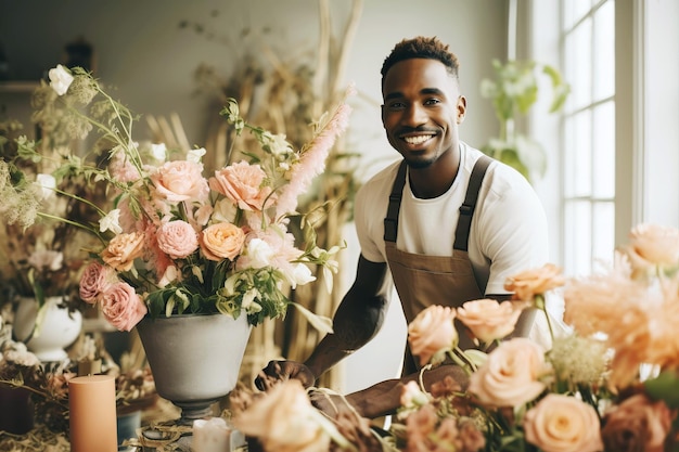 African American male florist creating wedding bouquet in flower shop Small business Generative AI illustration