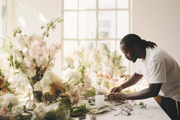 写真 アフリカ系アメリカ人の男性花屋が花屋で結婚式の花束を作っています 小規模なビジネス 生成的なaiイラスト