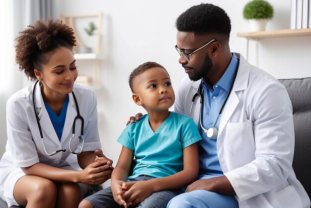 African American male pediatrician with stethoscope listening to lung and heart sound of little boy sitting on mother lap physician checkup at home or in hospital children medical insurance care