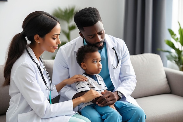 African American male pediatrician with stethoscope listening to lung and heart sound of little boy sitting on mother lap physician checkup at home or in hospital children medical insurance care