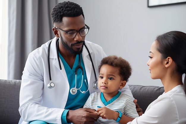 African American male pediatrician with stethoscope listening to lung and heart sound of little boy sitting on mother lap physician checkup at home or in hospital children medical insurance care