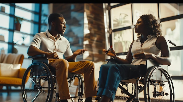 African American male sits at workplace in wheelchair shares creative ideas and opin Generative AI