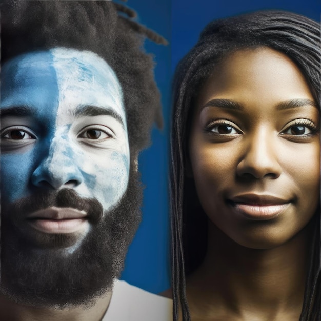 Фото Афроамериканец и женщина с раскрашиванием лица на синем фоне