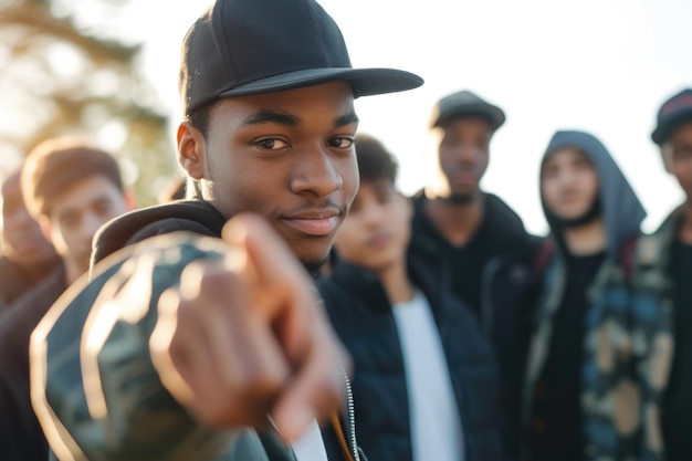 Photo african american man in black cap and bomber jacket with diverse friends outdoors