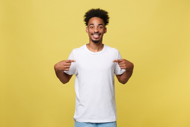 African American man in casual white shirt having excited look