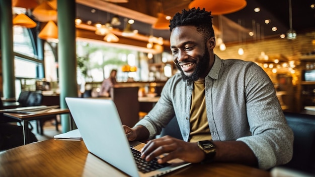 African American man conducting internet shopping while seated at a cafexA