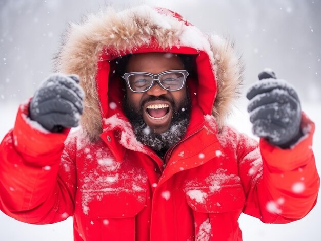 Photo african american man enjoys the winter snowy day in playful emontional dynamic pose