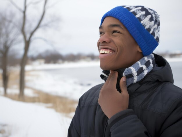 アフリカ系アメリカ人男性が冬の雪の日を楽しみ遊び心のある感情的なダイナミックなポーズで