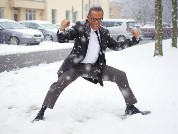 アフリカ系アメリカ人男性が冬の雪の日を楽しみ遊び心のある感情的なダイナミックなポーズで