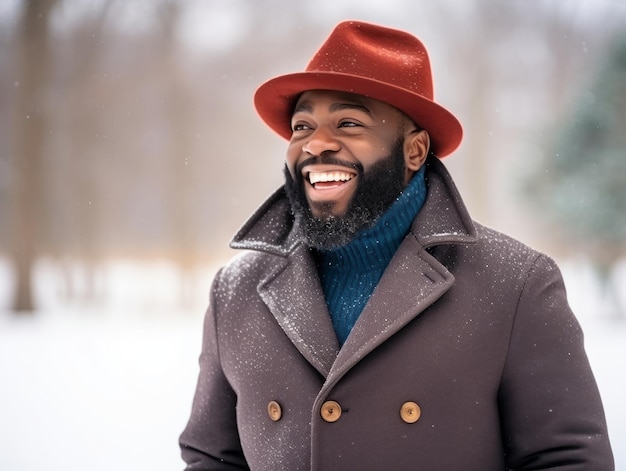 african american man enjoys the winter snowy day in playful emontional dynamic pose