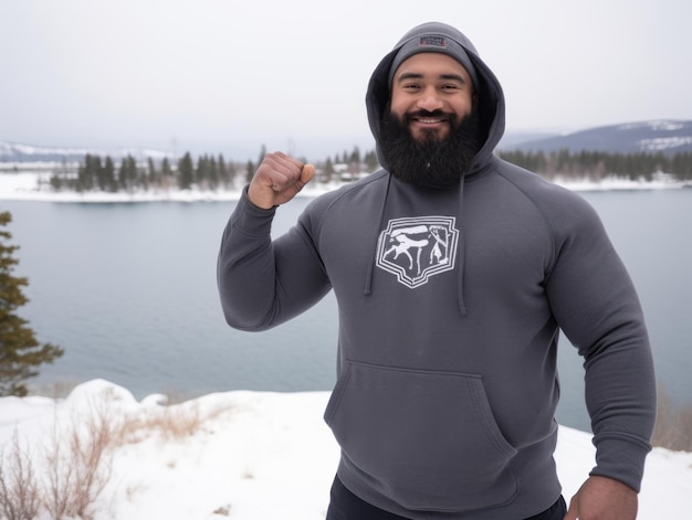 african american man enjoys the winter snowy day in playful emontional dynamic pose