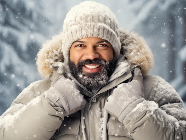 アフリカ系アメリカ人男性が冬の雪の日を楽しみ遊び心のある感情的なダイナミックなポーズで