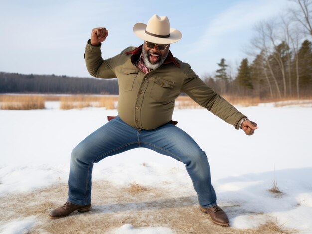 アフリカ系アメリカ人男性が冬の雪の日を楽しみ遊び心のある感情的なダイナミックなポーズで