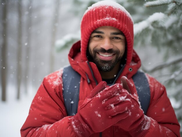 アフリカ系アメリカ人男性が冬の雪の日を楽しみ遊び心のある感情的なダイナミックなポーズで