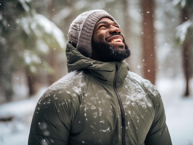 Афроамериканский мужчина наслаждается зимним снежным днем в игривой эмоциональной динамической позе
