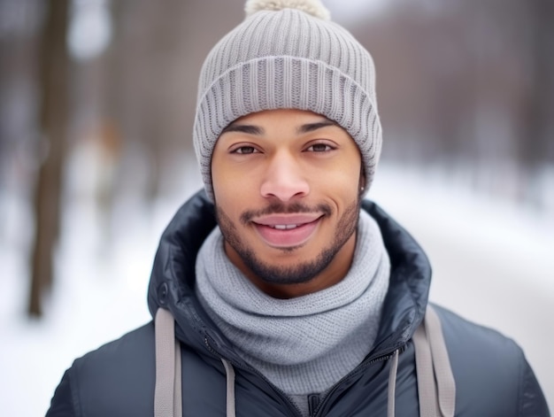 Афроамериканский мужчина наслаждается зимним снежным днем в игривой эмоциональной динамической позе