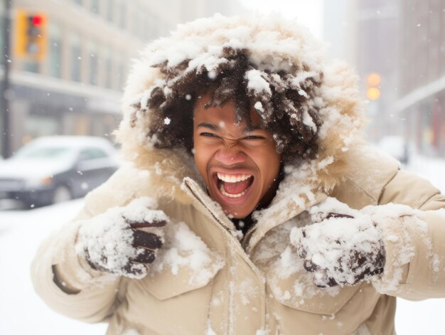 アフリカ系アメリカ人男性が冬の雪の日を楽しみ遊び心のある感情的なダイナミックなポーズで