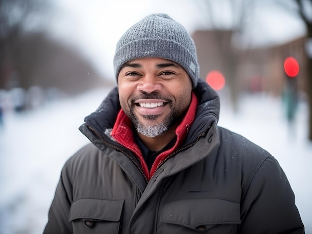 Photo african american man enjoys the winter snowy day in playful emontional dynamic pose